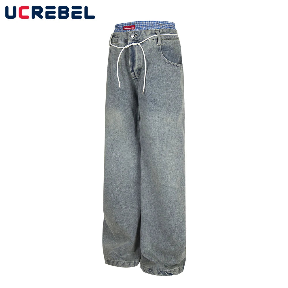 Double Waist Jeans Mens with Belt Retro High Street Loose Straight Wide Leg Washed Distressed Denim Pants Men
