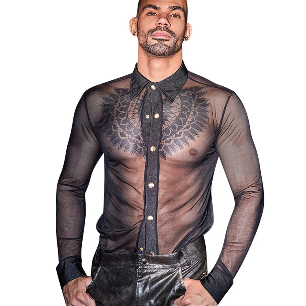 Men's Sheer See Through Dance Shirt in Nylon and Elastane