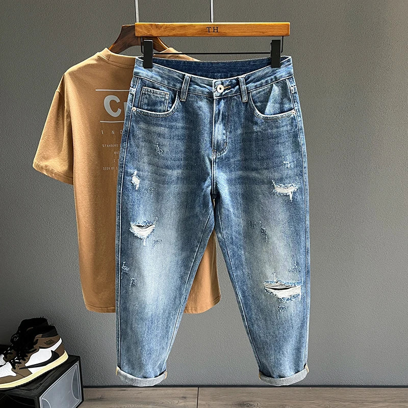 Vintage Blue Denim Ripped Jeans for Men Casual Streetwear