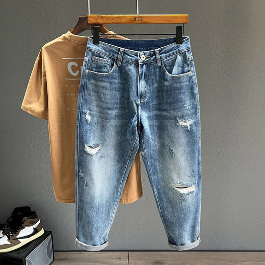 Vintage Blue Denim Ripped Jeans for Men Casual Streetwear