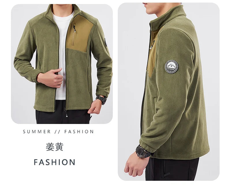 Unisex Outdoor Fleece Jacket Men  Warm Slim-Fit  Zip-Up Front Solid Color Jacket