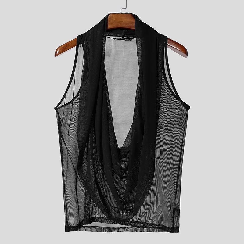 INCERUN Men Tank Tops Mesh See Through Solid Color Vests For Man Streetwear Summer Sleeveless Sexy Tops Menswear Clothing S-3XL