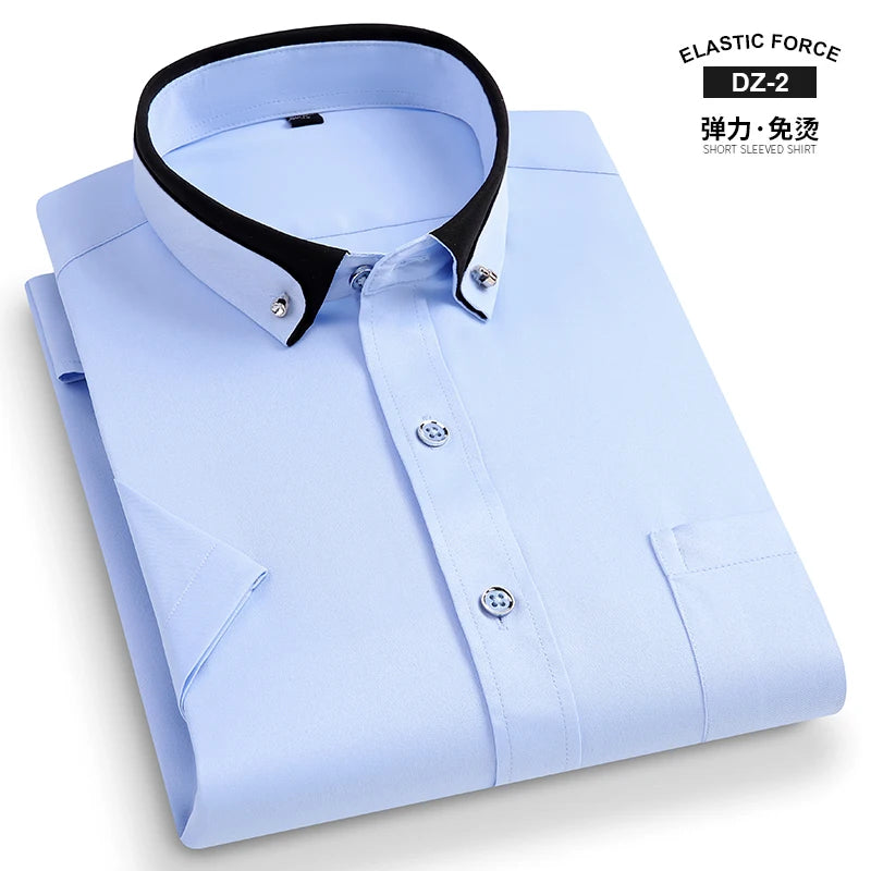 Men's Short Sleeve Business Dress Shirt with Contrast Collar