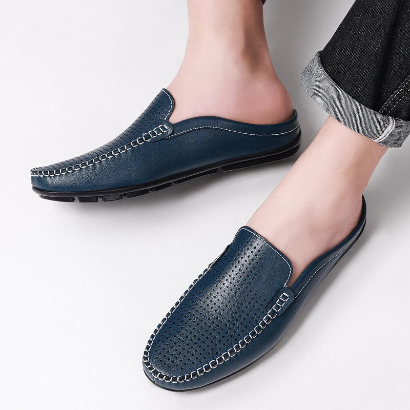 Men's Summer Mules Perforated Leather Slip-On Slippers