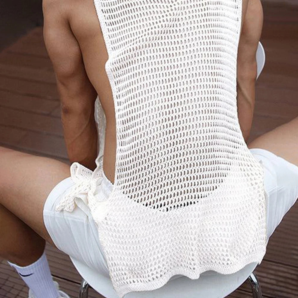 Mens Vest Side Hollow Straps See-Through Tank Top Summer Streetwear Niche Gym Loose Sleeveless T-Shirt Men'S Clothing 2025 New