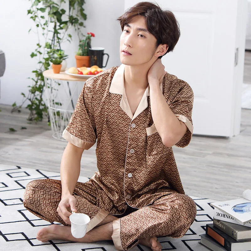 Silk Satin Pajamas for Men Sleepwear Cozy Soft Print Long Sleeve Nightgown Tops + Trousers Two Pieces Mens Pajama Set