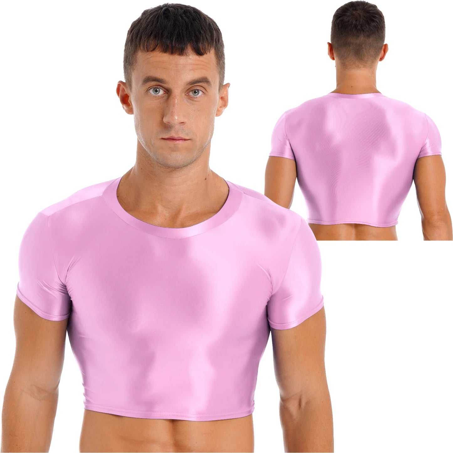 Mens Glossy Crop Top Short Sleeve Oil Shiny Slim Fit Sports Fitness T-shirt Tee Workout Cheer Booty Dance Tops Swimwear Clubwear