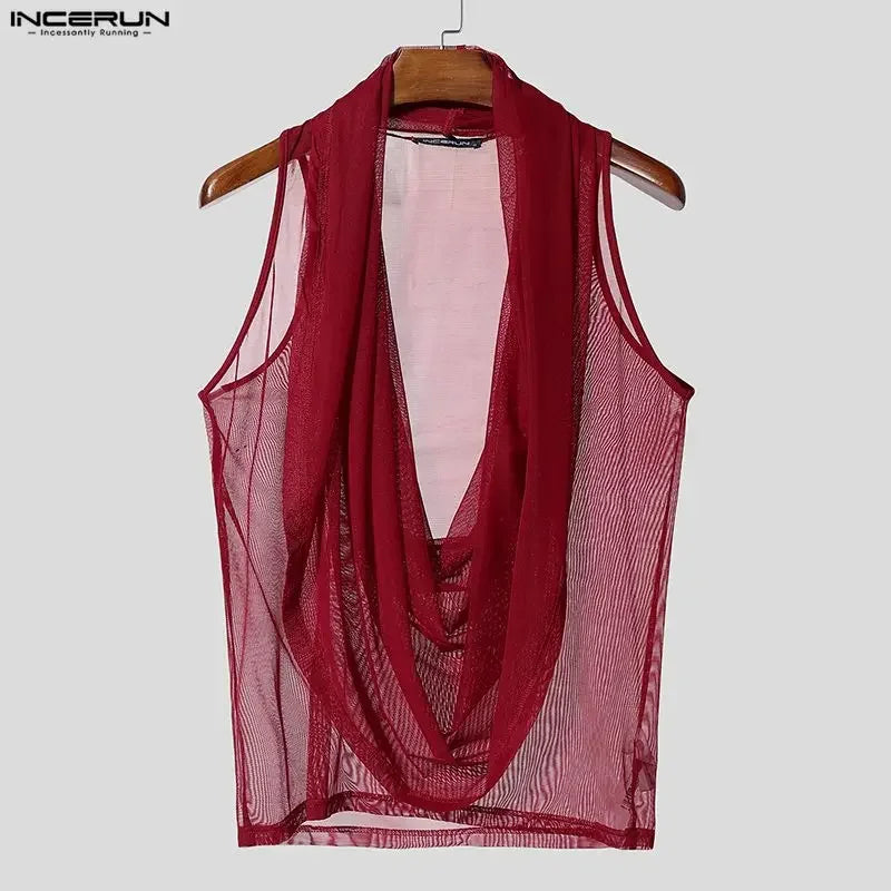 INCERUN Men Tank Tops Mesh See Through Solid Color Vests For Man Streetwear Summer Sleeveless Sexy Tops Menswear Clothing S-3XL