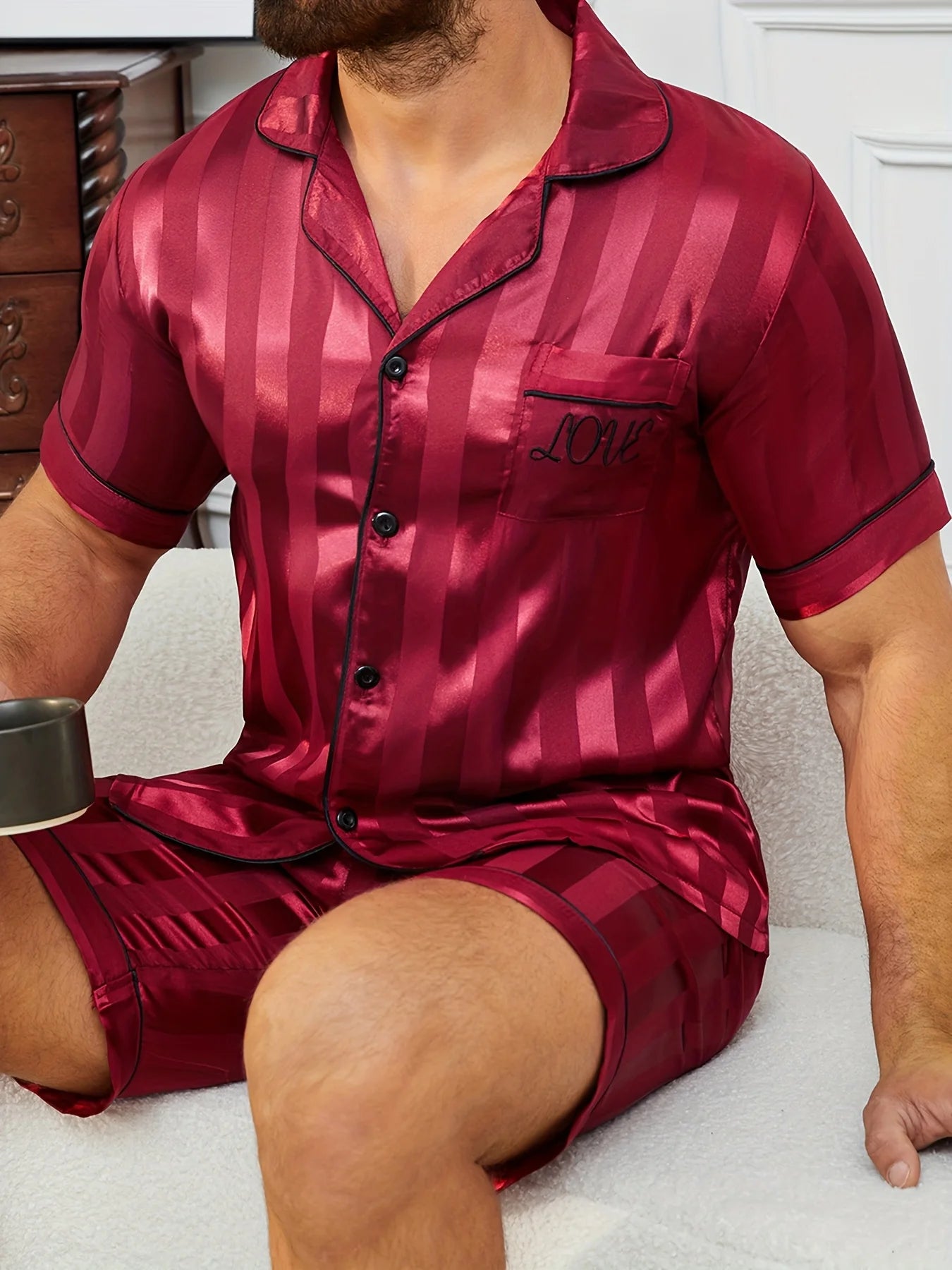 Men'S Sleepwear Set Featuring a Short-Sleeve Top And Shorts with Burgundy Striped Embroidery Button Up Pajamas Sets Nightwear