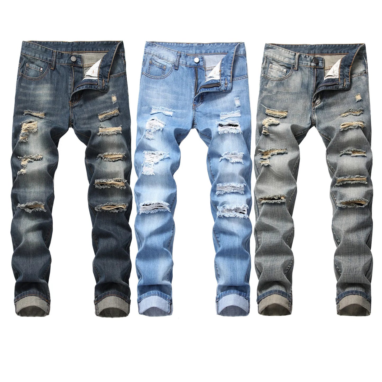 Mens Denim Ripped Straight Jeans for Casual Wear