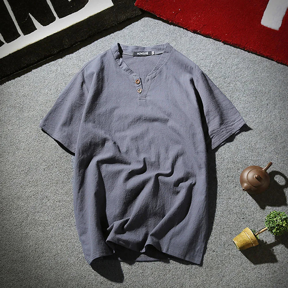 Men's Casual V Neck Short Sleeve Linen T-shirt