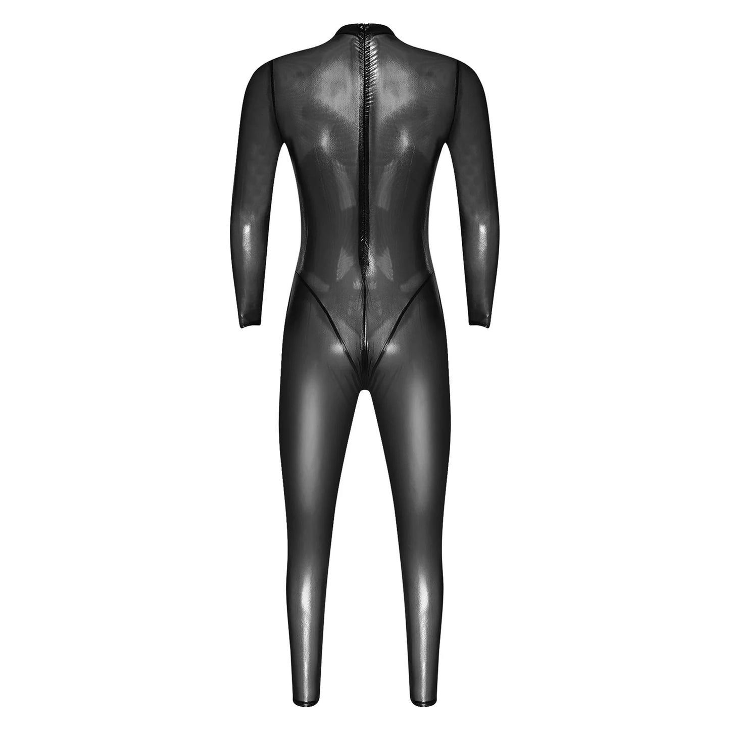 Mens Lingerie Tights Long Pants Metallic Shiny Full Body Unitard Back Zipper Catsuit Bodysuit Leggings Sheer Jumpsuit Clubwear