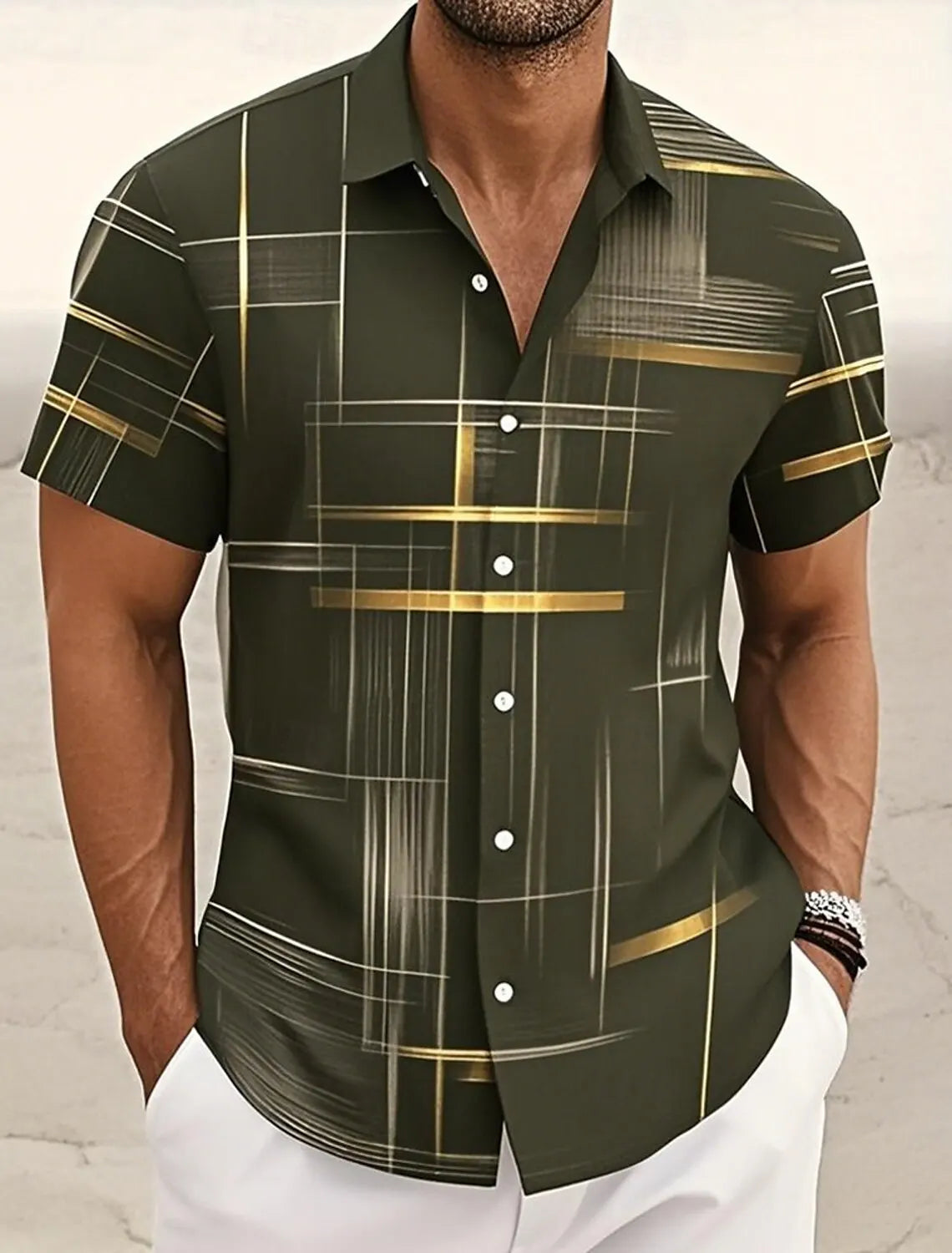 Men's Short Sleeve Geometric Plaid Hawaiian Shirt