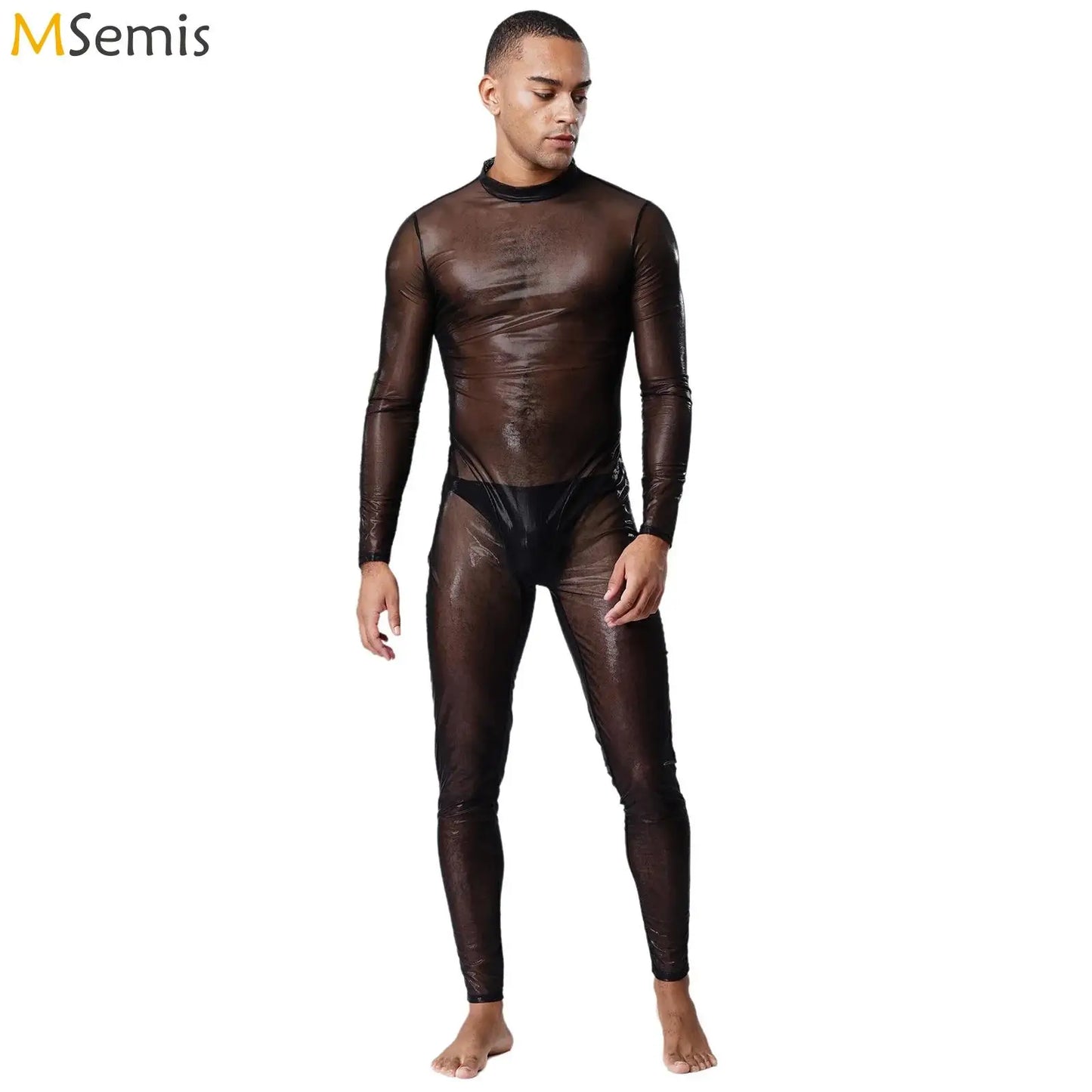 Mens Lingerie Tights Long Pants Metallic Shiny Full Body Unitard Back Zipper Catsuit Bodysuit Leggings Sheer Jumpsuit Clubwear