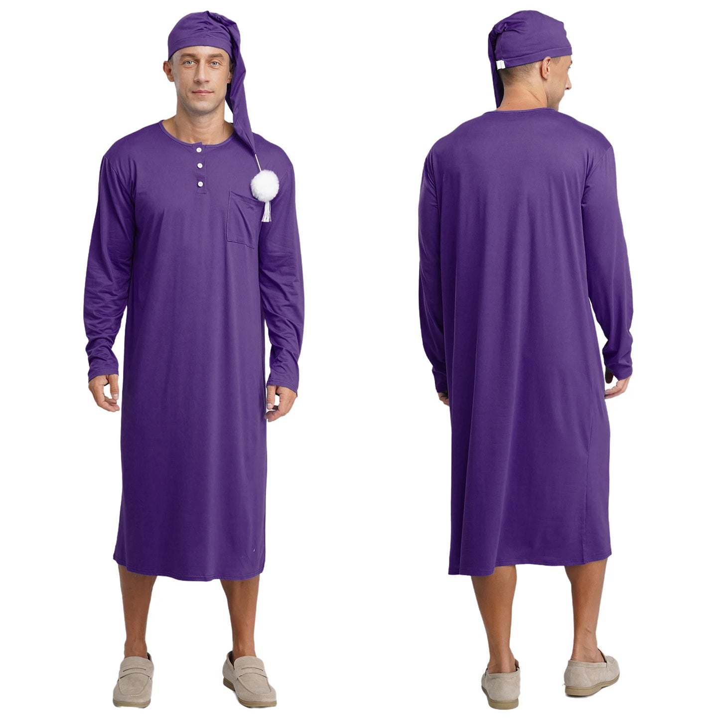 Mens Solid Color Long Sleeve Sleep Robe with Night Cap Round Neck Big & Tall Nightshirts Home Loungewear Pajamas Sleepwear