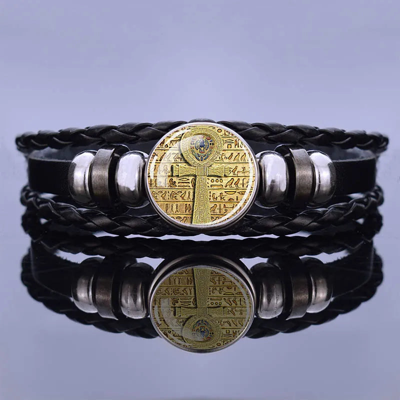 Egyptian Ankh Cross Punk Bracelet Vintage Ancient Egypt Anubis Scarab Goddess Woven Multilayer Bracelets Jewelry Gift