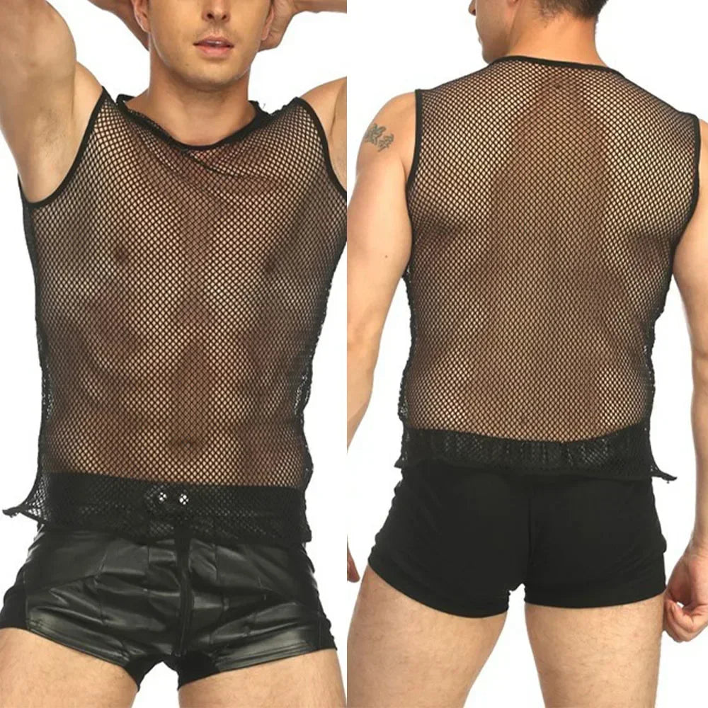 Mens Tank Top Mesh Erotic Hombre Fishnet Breathable String Vest Sleeveless See Through Slim Sport Solid Color Stretch Shirts
