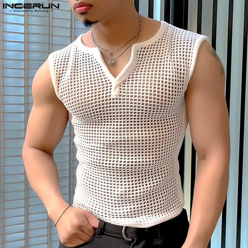 2024 Men Tank Tops Mesh Hollow Out Solid V Neck Sleeveless Summer Male Vests Streetwear Transparent Fashion Men Clothing INCERUN