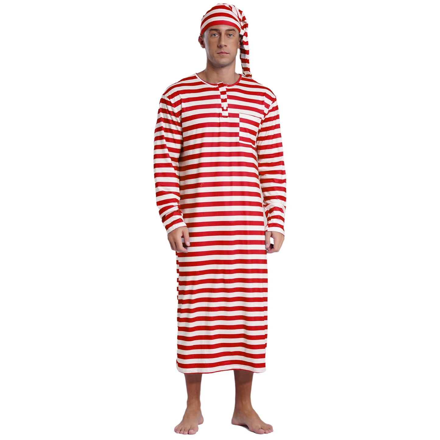 Mens Christmas Striped Sleep Robe with Hat Set