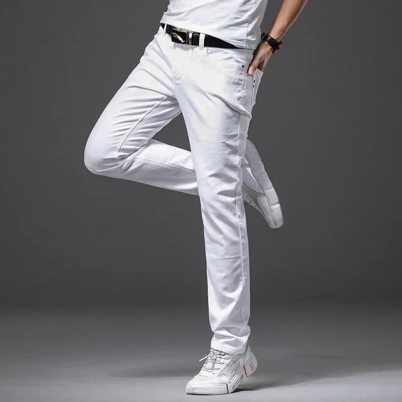 Men's Slim White Jeans Casual Trousers for Spring and Autumn
