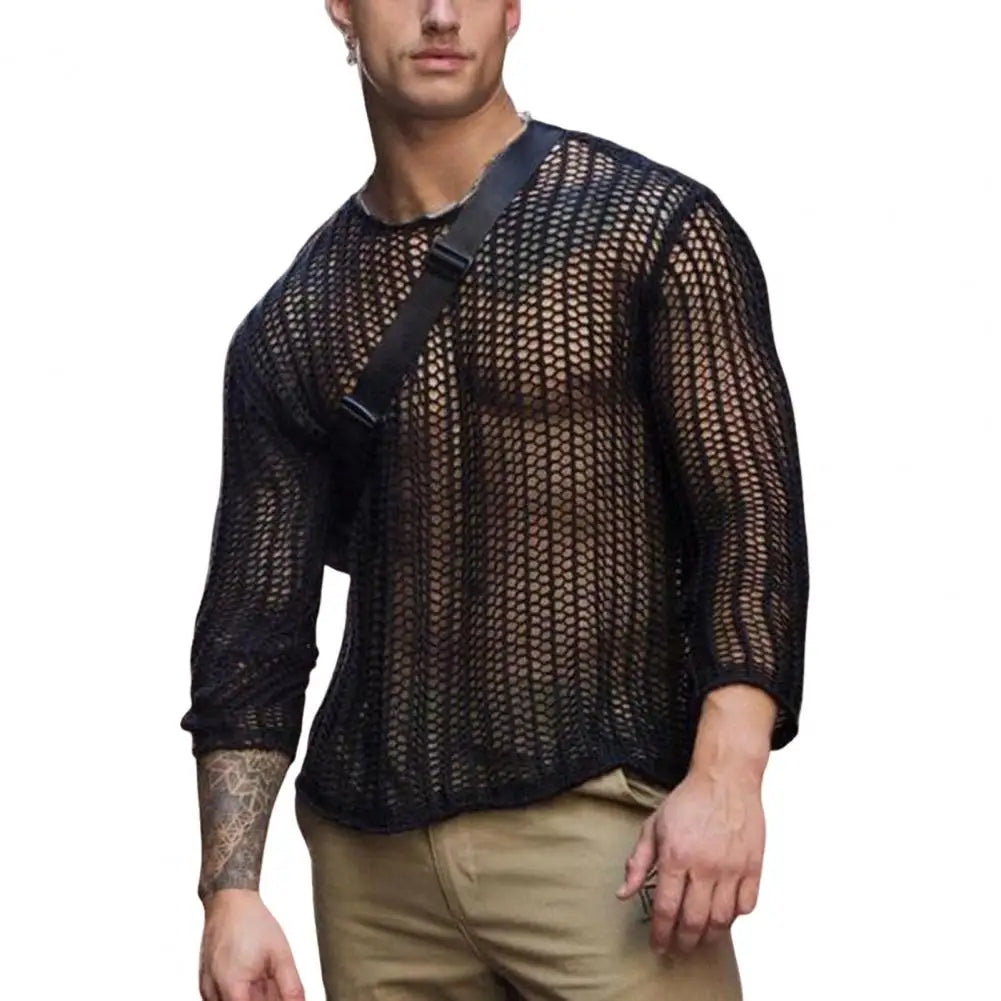 Men Mesh Top See Through Long Sleeves Round Neck Hollow-out Sexy Men Bottoming Shirt Knitted Mesh Top Clothing for Male