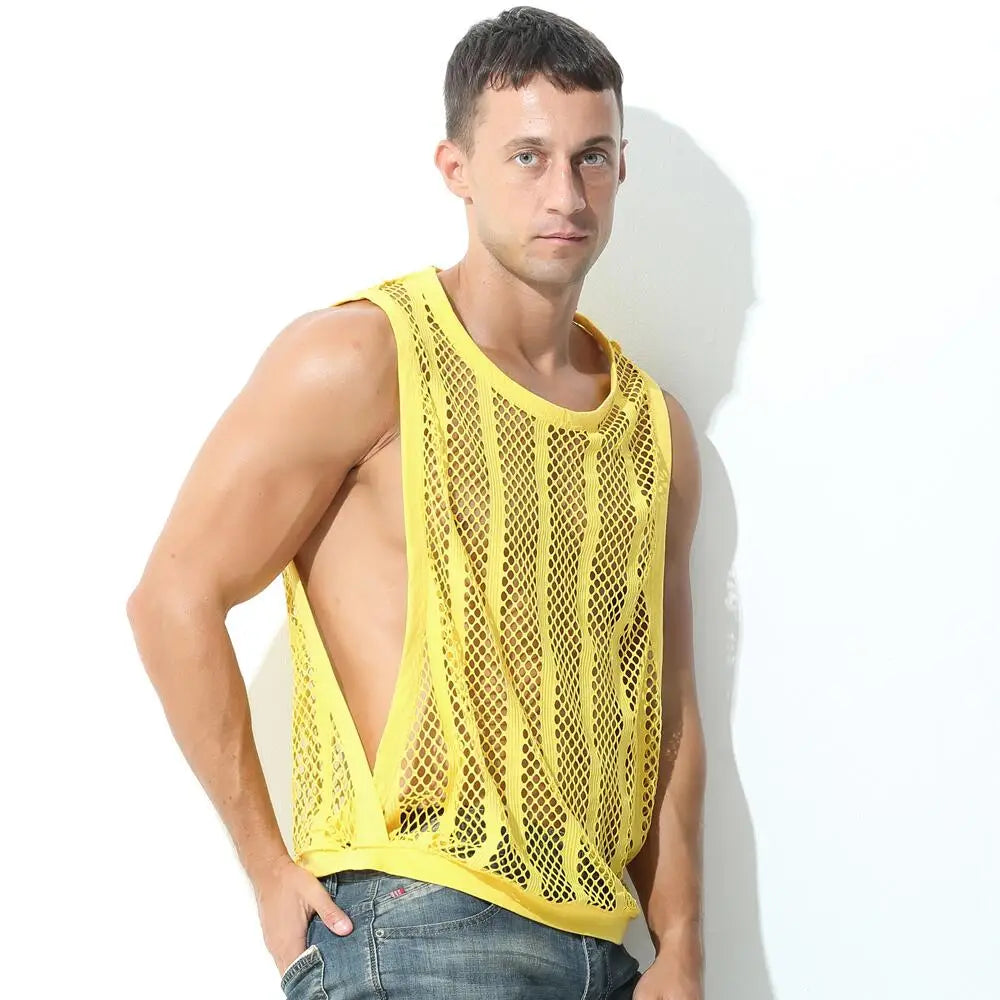 Mens Undershirts Vest Mesh See Through Sleeveless T Shirt Sexy Singlets Fitness Transparent Men Tank Tops Gym Vest
