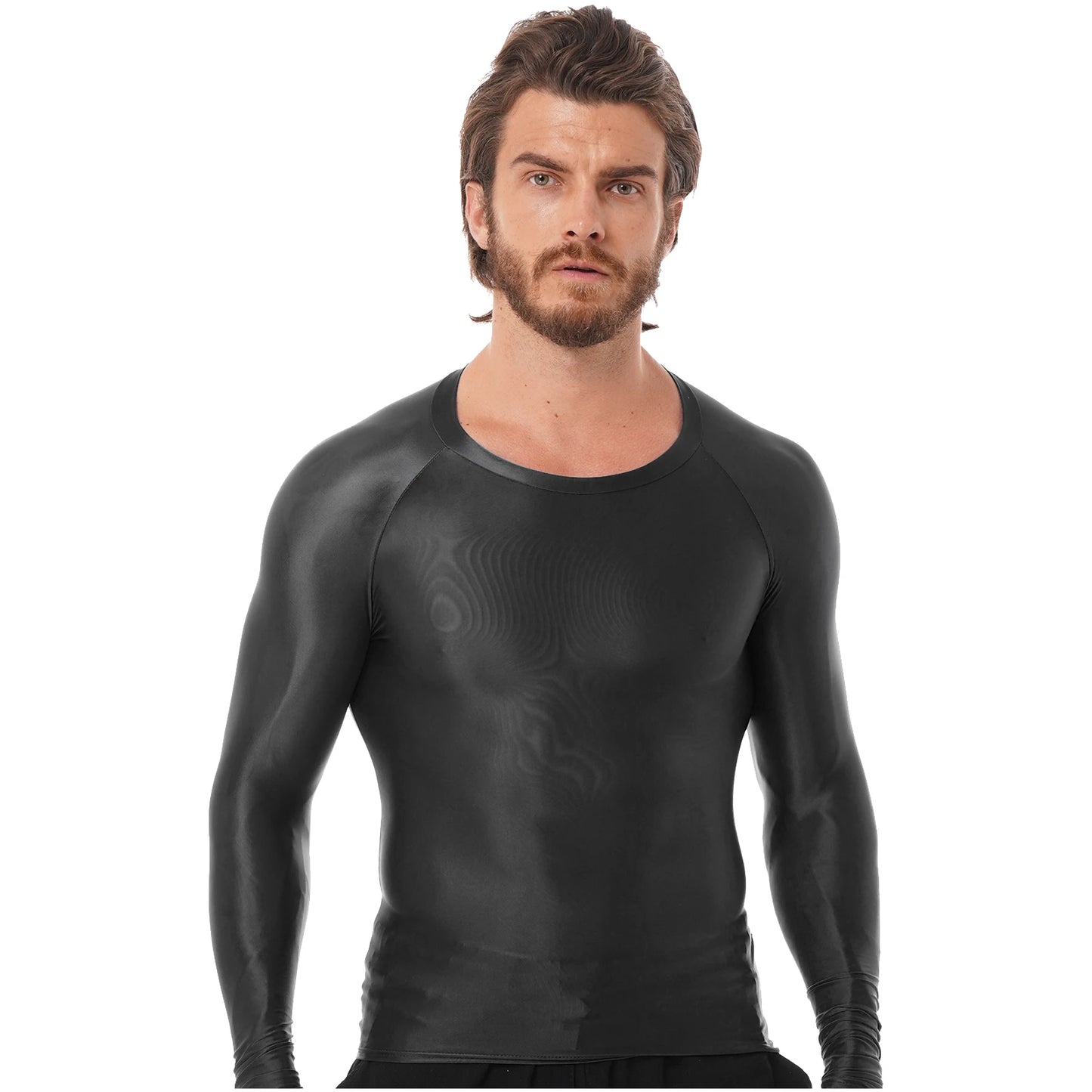 Mens Glossy Sports Tops Long Sleeve T-shirt Solid Color Slim Fit Breathable Fitness Gymnastics Workout Tops Yoga Beach Swimwear