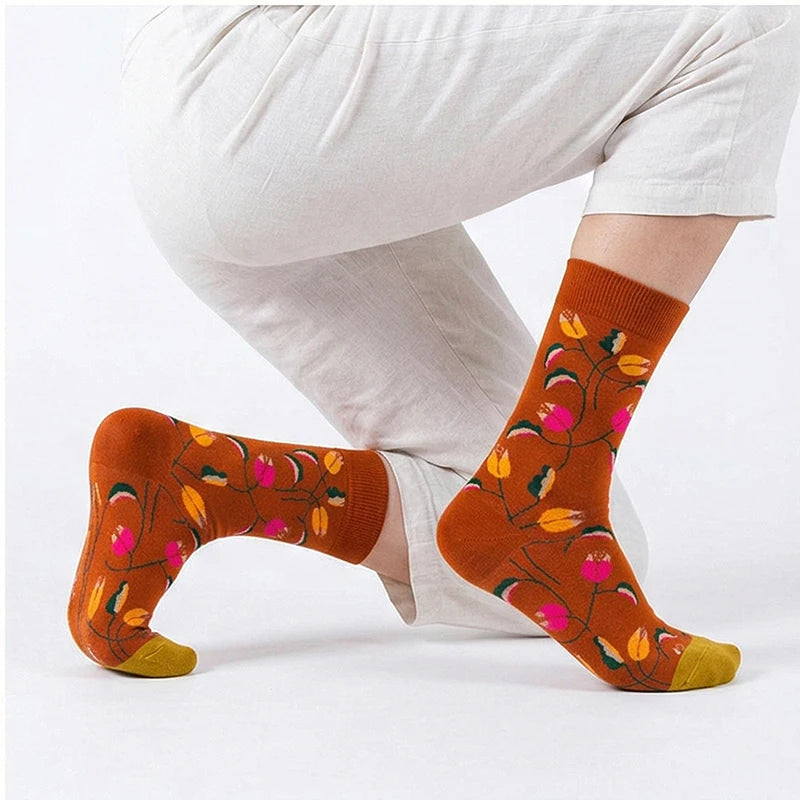 1/5 Pairs Men Women Socks Unisex Colored Printed Mid Tube Socks With Trendy And Personalized Animal Flower Designs Casual Socks