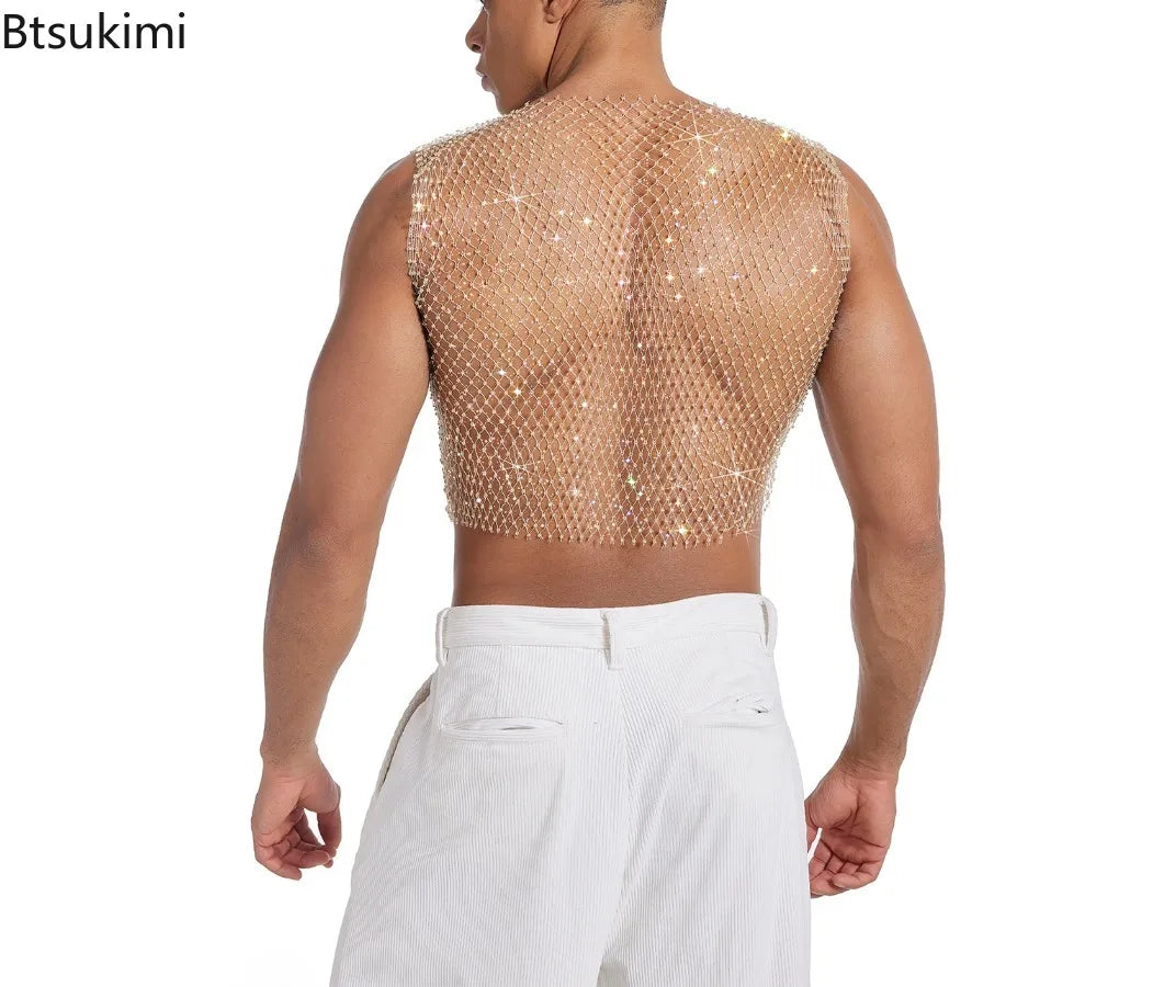 2026 New Men's Sexy Tank Tops Fishnet Rhinestone Shiny Hollow Vest Man Mesh See-Through Sleeveless T-Shirt Transparent Clothing