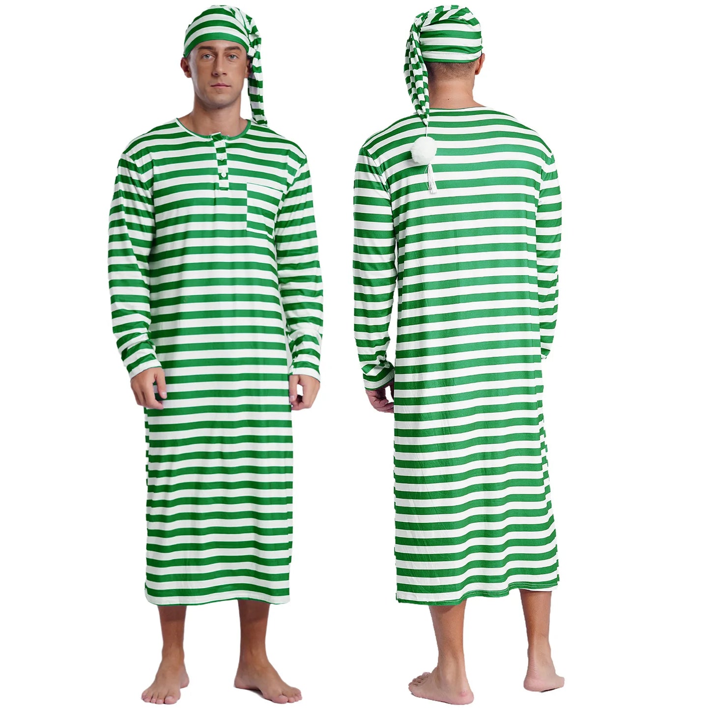 Mens Christmas Striped Sleep Robe with Hat Set