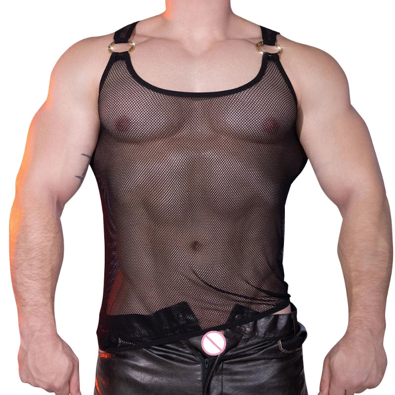 Men's Tops Vest Mesh Transparent High Elastic Ultra Thin Sexy Hollow Undershirt Underwear Bodybuilding Sleeveless Tank Tops