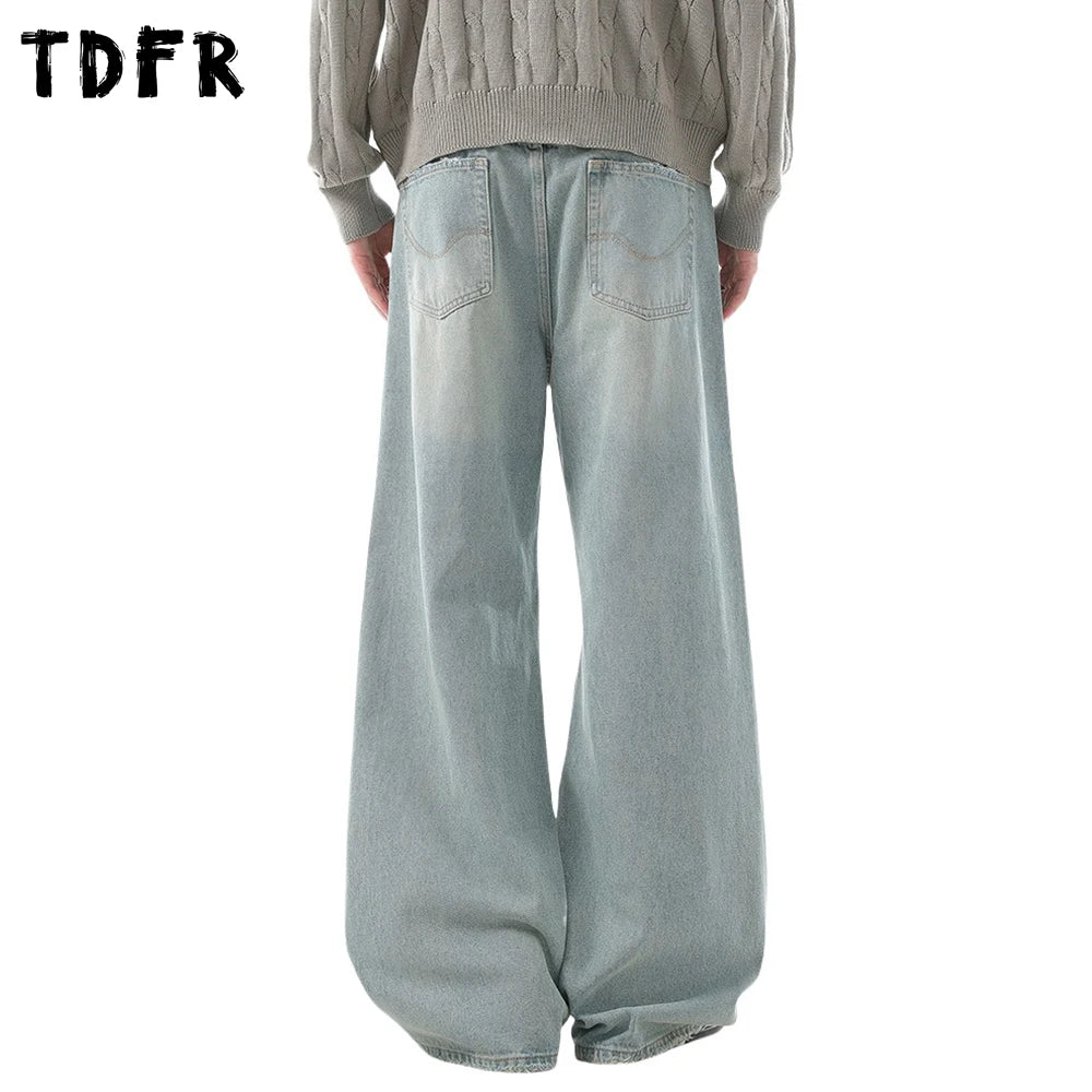Ripped Straight Jeans Mens Pocket Retro Casual Washed Distressed Baggy Wide Leg Denim Pants Man