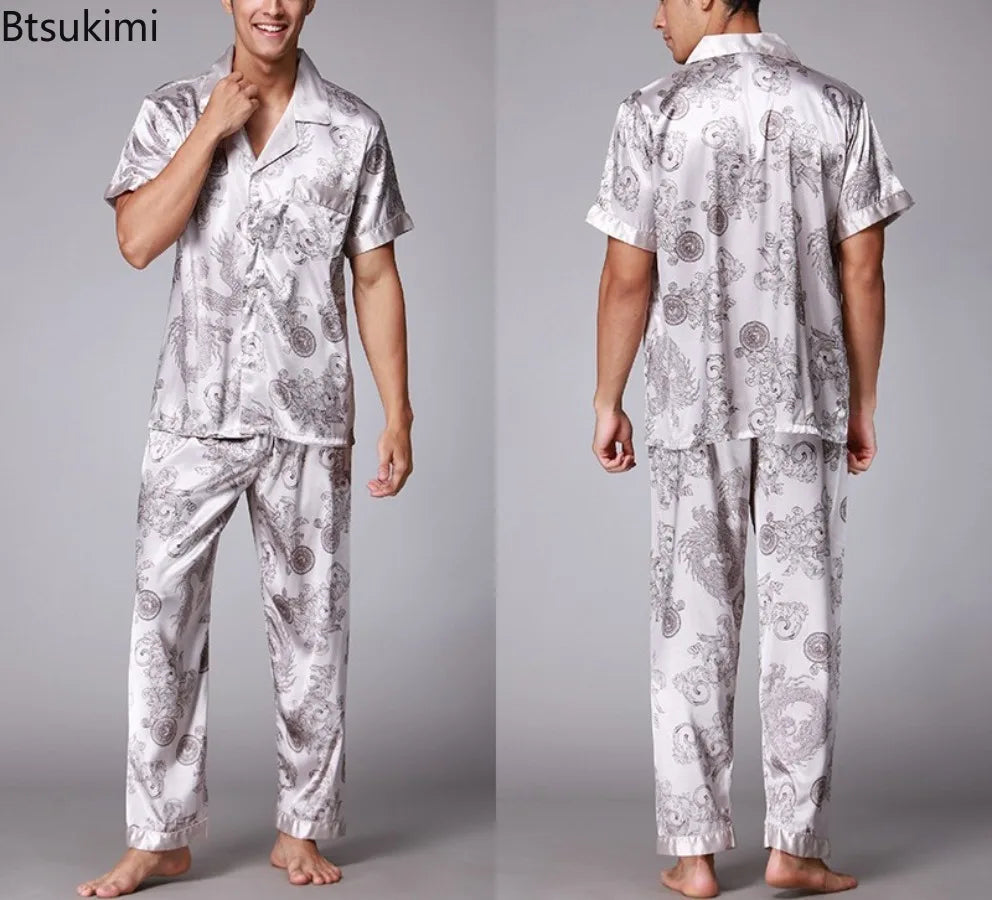 2026 Spring Summer Loungewear Short Sleeves Long Pants Pajama Set Men Printed Satin Silk Pyjamas Male Pajamas Household Clothes