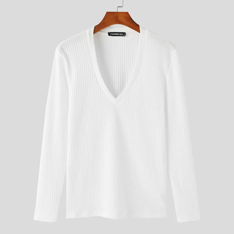 Handsome Well Fitting Tops INCERUN 2024 Men's Solid V-neck Knitted T-shirts Summer Casual Streetwear Long Sleeved Camiseta S-5XL