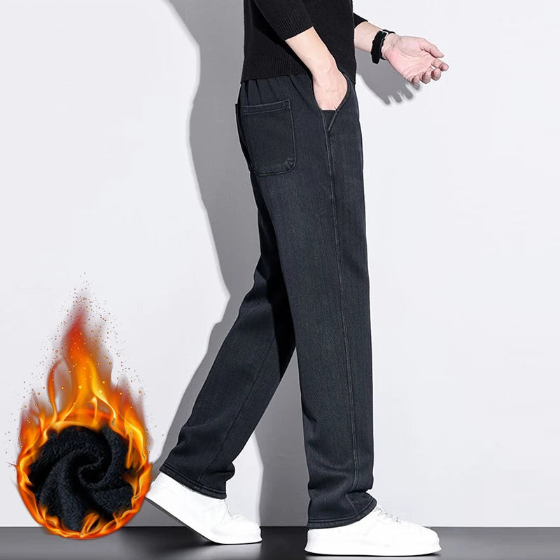 Men's Casual Fleece Thick Jeans Versatile Trendy Retro Elastic Washed Denim Pants Daily Outdoor Loose Cozy Fashion Male Trousers