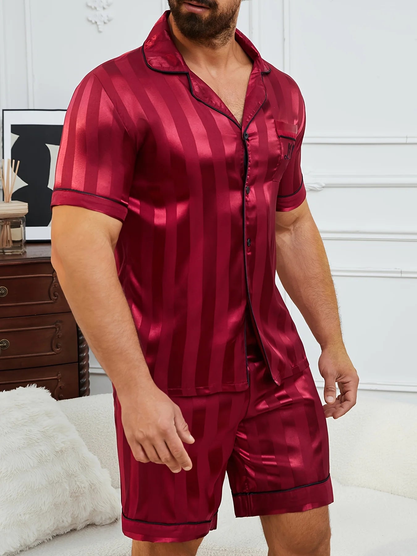 Men'S Sleepwear Set Featuring a Short-Sleeve Top And Shorts with Burgundy Striped Embroidery Button Up Pajamas Sets Nightwear