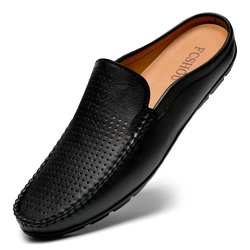 Men's Summer Mules Perforated Leather Slip-On Slippers