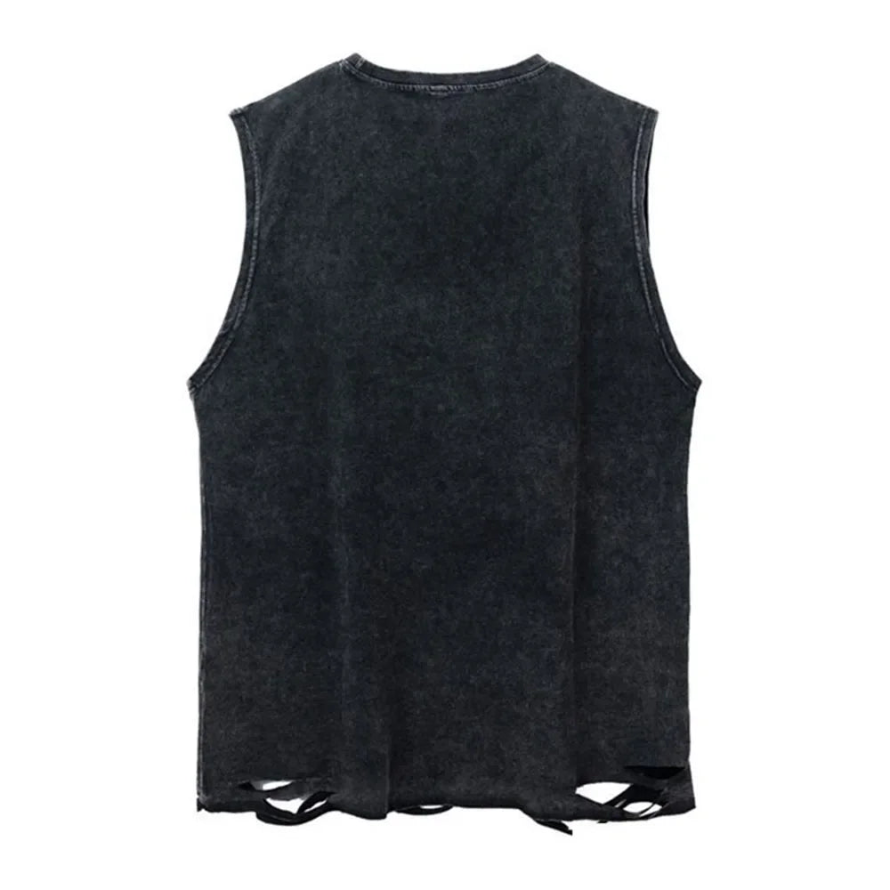 Mens Casual Washed Distressed Vest  Summer New Fashion Versatile Hole Printed Metal Necklace Sleeveless T-Shirt For Men
