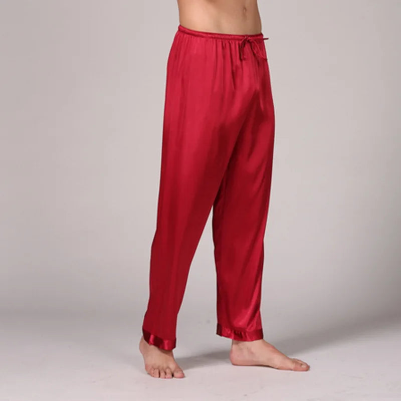 Summer New Men Sleep Bottoms Trousers Fashion Satin Sleepwear Male Ice Silk Pajamas Long Pants Solid Color Comfortable Homewear