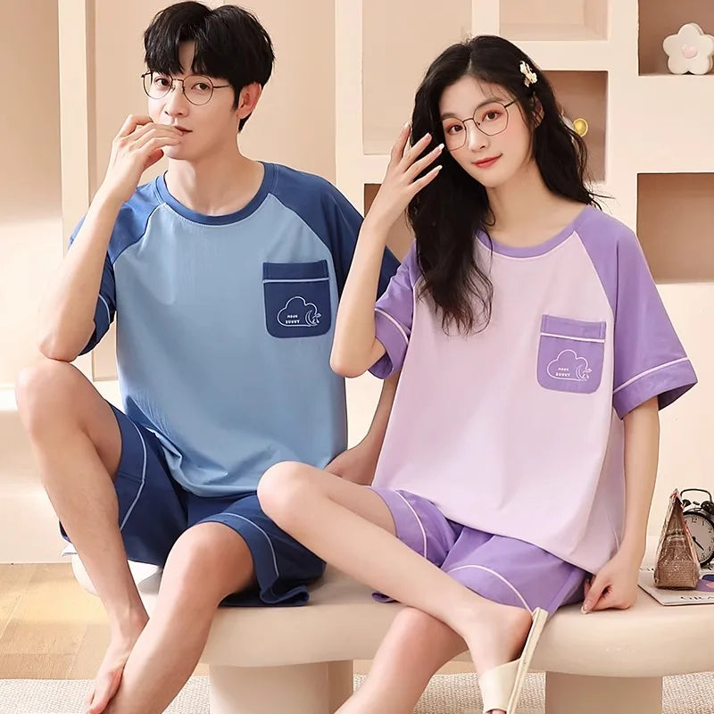 Couples Home Suit Women's Sleepwear Suit Man's Pajamas Set Cotton Short Sleeves Sleep Tops Shorts Pyjamas Nightwear Mujer Homme