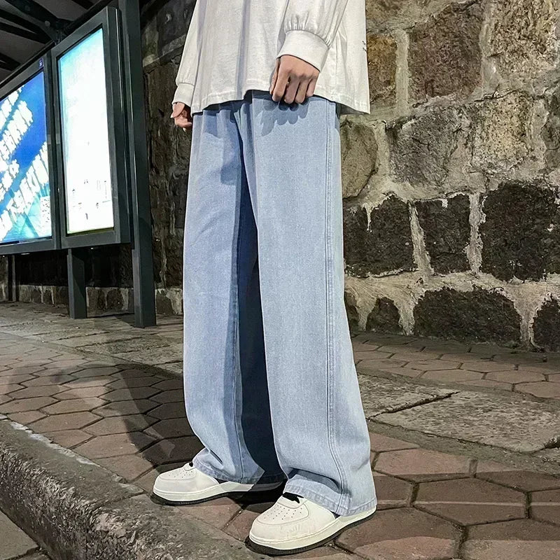 Men's Casual Loose Wide Leg Jeans in Black Grey Blue