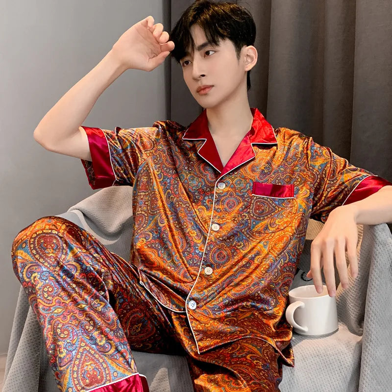 Silk Satin Pajamas for Men Sleepwear Cozy Soft Print Long Sleeve Nightgown Tops + Trousers Two Pieces Mens Pajama Set