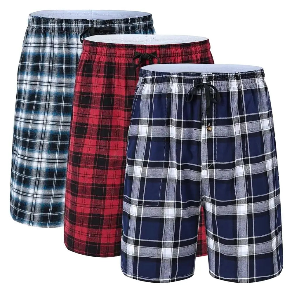 100% Cotton 3Pcs Mens Underwear Boxers Shorts Male Breathable Loose Pajama Sleep Bottoms Shorts Plaid Comfortable Homewear