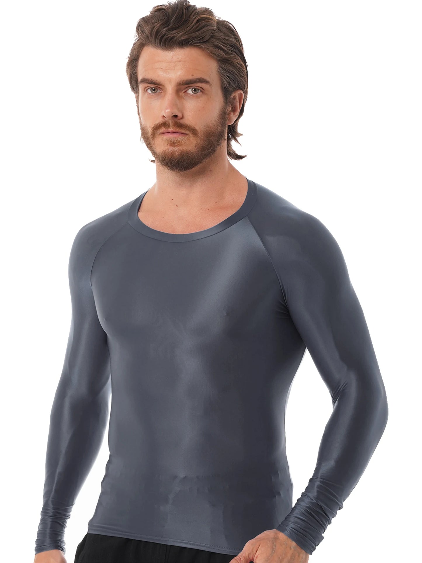 Mens Glossy Sports Tops Long Sleeve T-shirt Solid Color Slim Fit Breathable Fitness Gymnastics Workout Tops Yoga Beach Swimwear