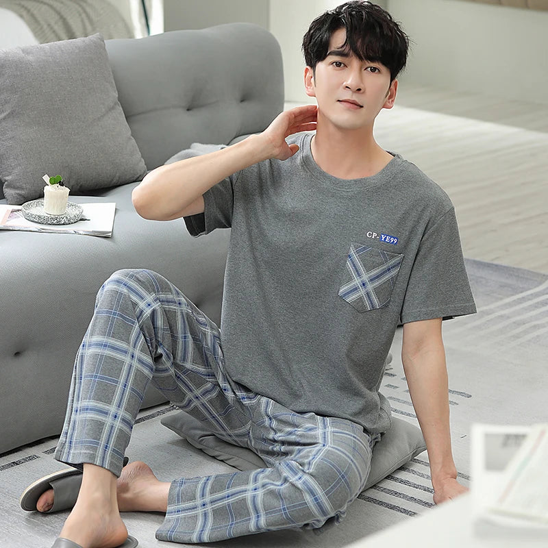 Men's Home Clothes Summer Striped Cotton Sleepwear Lounge Set Homewear Male Pajamas Set Trouser Home Suit Big Size Pijama Hombre