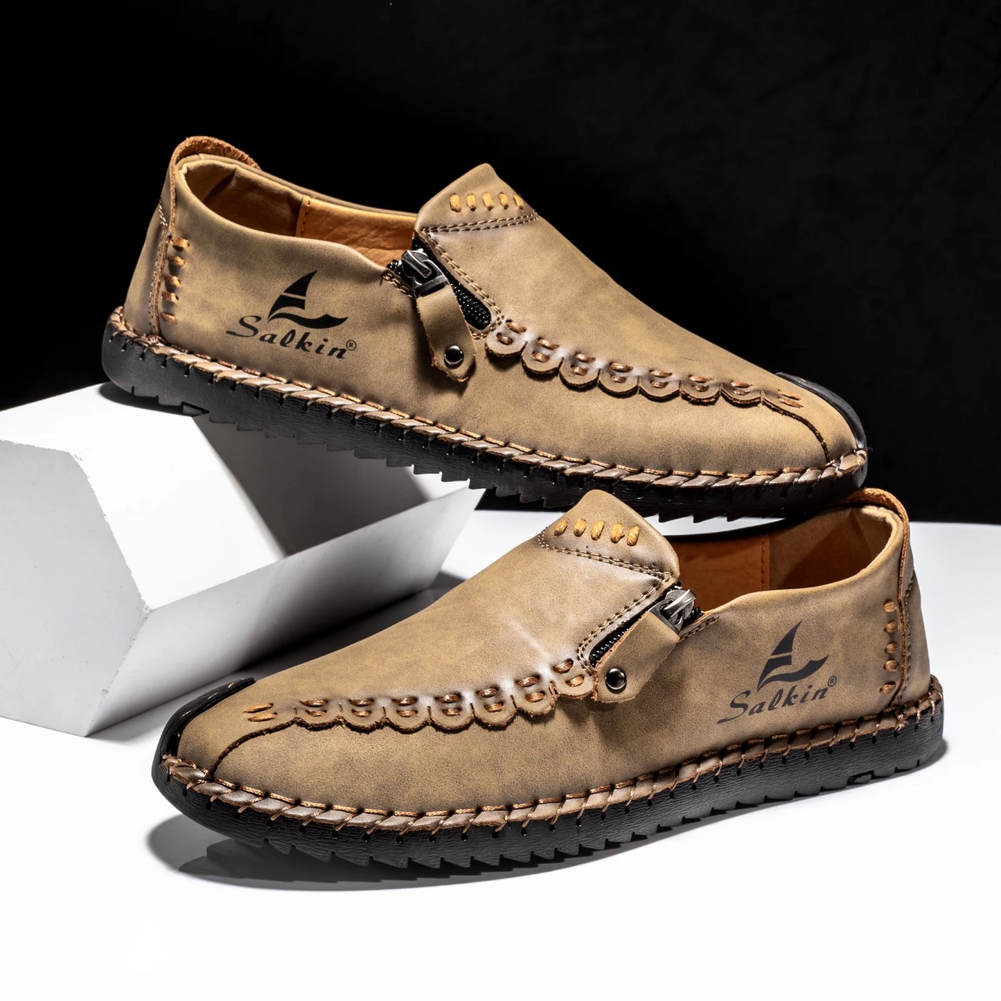 Men's Breathable Leather Casual Shoes with Zip Closure