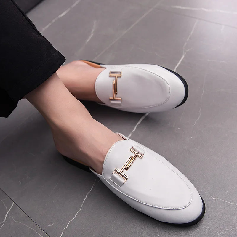 Men's Leather Mules Slippers with Metal Decoration