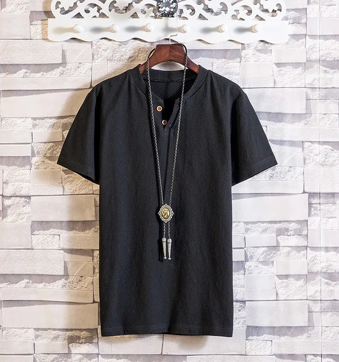 Men's Casual V Neck Short Sleeve Linen T-shirt