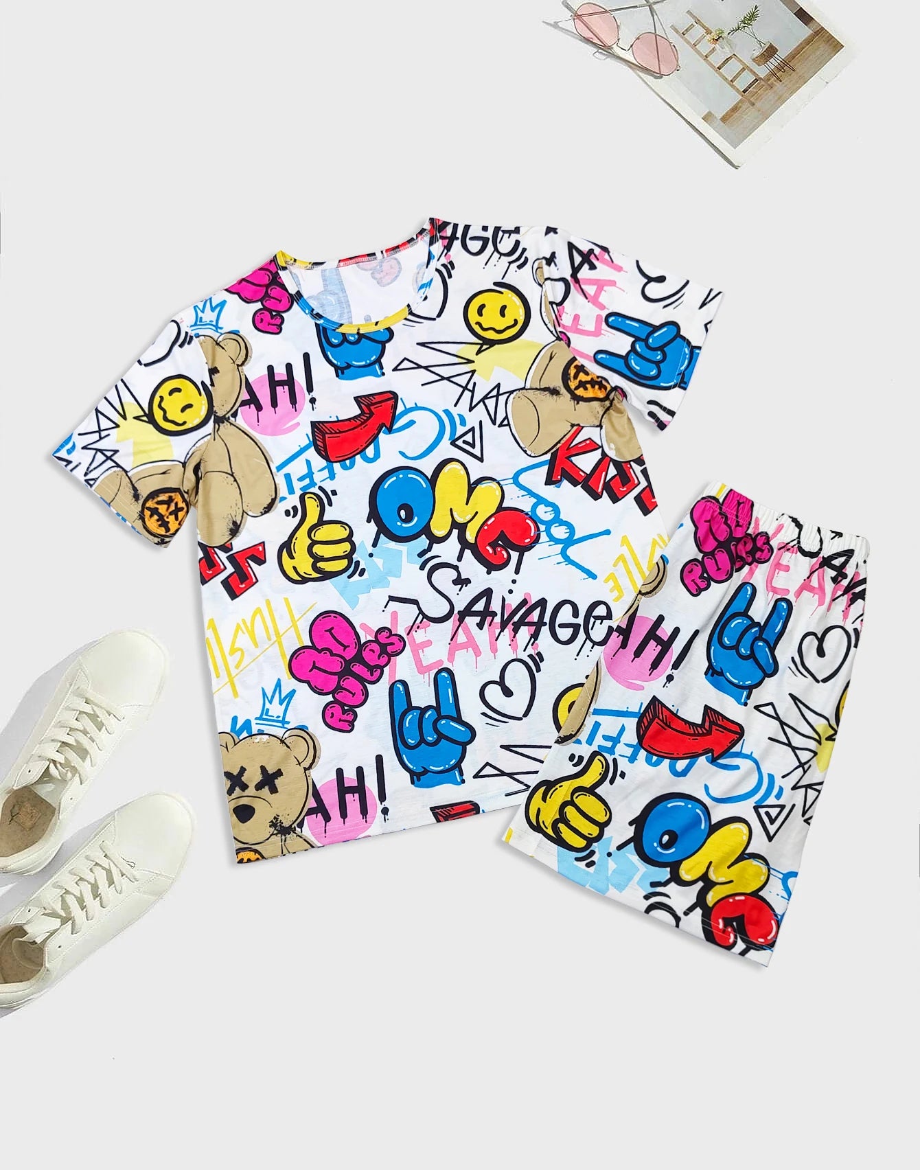 Men's Cartoon Silk-Screen Pyjama Set for Men