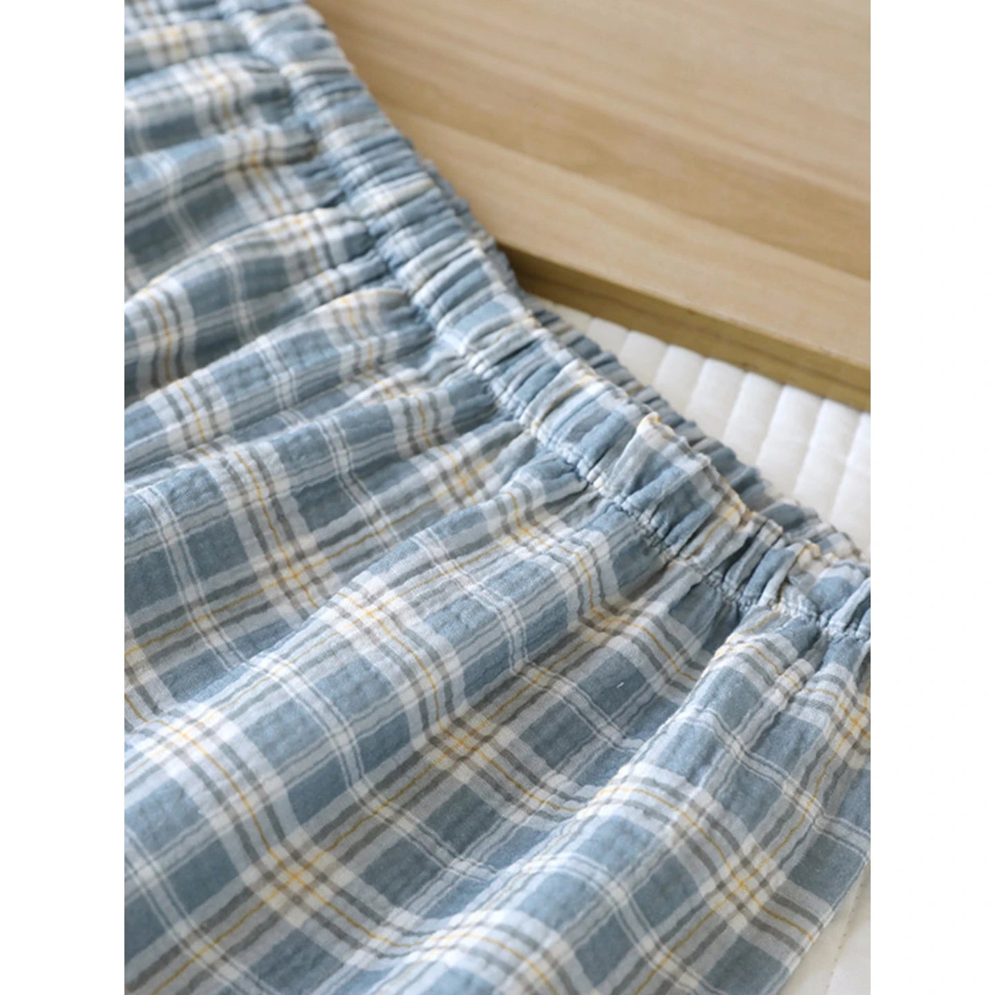 Men's 2-Piece Pajama Set - Japanese Plaid Sleepwear, Cotton Gauze Short Sleeve & Shorts, Lightweight & Breathable Relaxed Fit, S
